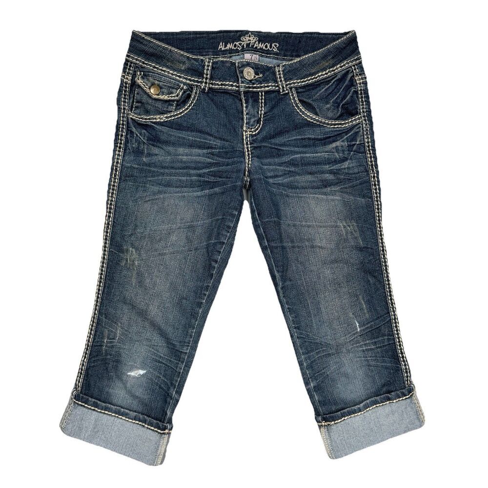 Almost Famous Capri Jeans Juniors 7 Grunge Wash Blue Cuffed Distressed 30 x 19